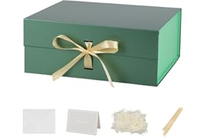 BoxSkivra Green Large Gift Box with Ribbon 1 Pack 13X11X5.3 Inch Large Gift Box with Lid Magnetic Closure Rectangle Collapsible Luxury Gift Box for Presents Crinkle Cut Paper Shred with Card