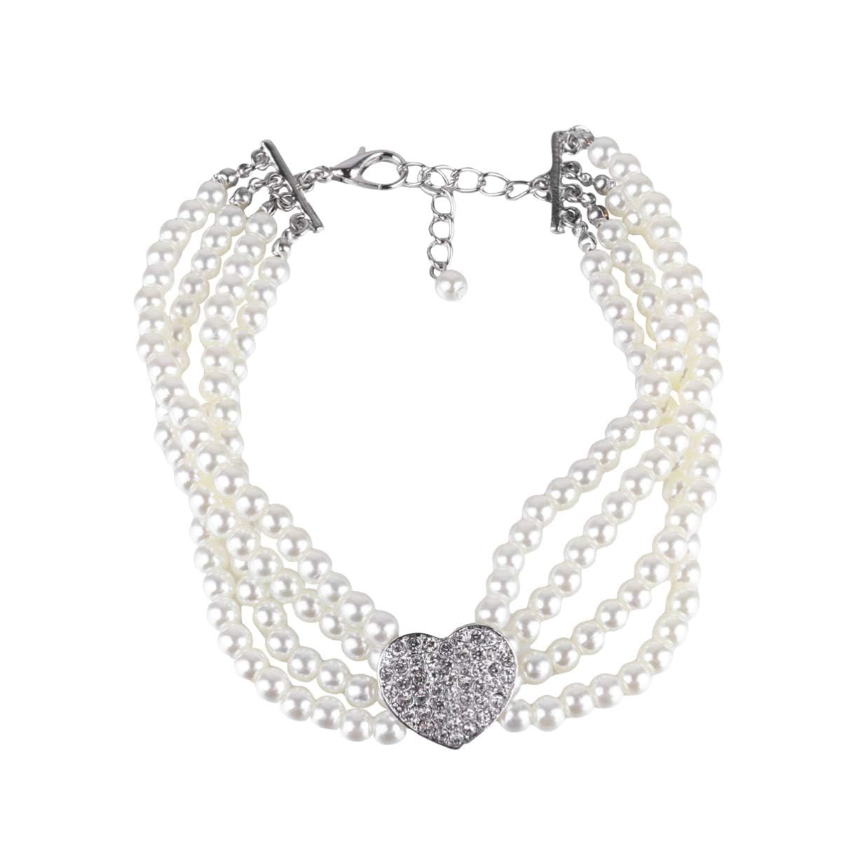 4 Row Dog Cat Pearl Necklace Collar with Crystal Rhinestone Heart Pendant Charm Pet Jewelry for Dog Cat Puppy Kitten Size M