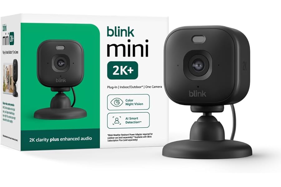Blink Mini 2K+ (newest model) – Plug-in Home & Pet Indoor Security Camera with 2K video resolution, night vision, enhanced audio, motion detection – 1 camera (Black)