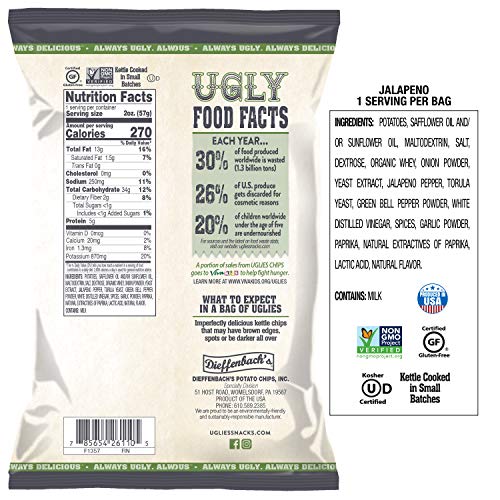 UGLIES 12 Pack Kettle Cooked Jalapeño Potato Chips Gluten Free, Kosher, NonGMO Office and