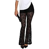 Dressmine Women Black Rave Sexy Lace Pants Mesh Sheer Flare Bottom Leggings Hollow Out Cover Up 70 s Pants