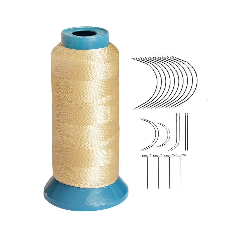 Bonded Sewing Thread Polyester Weaving Thread 1200 Yards 250D with 12pcs 9cm C Type Needles Curved Hair Needles（Blonde）