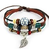 MORE FUN Stone Soccer Figure Bead Three Layers Soft Leather Cuff Bracelet with Leaf