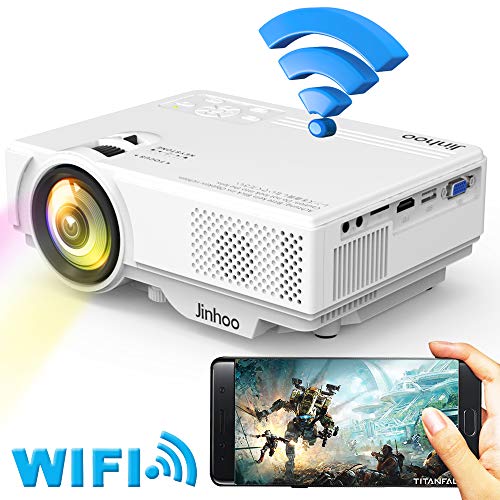WiFi Mini Projector, Jinhoo 2019 Newest 1080P Supported, 2800 Lux HD Home Theater Projector with 176” Projector Size, 50000 Hours Lamp Lifetime, Compatible with TV Stick, HDMI, USB, SD, VGA
