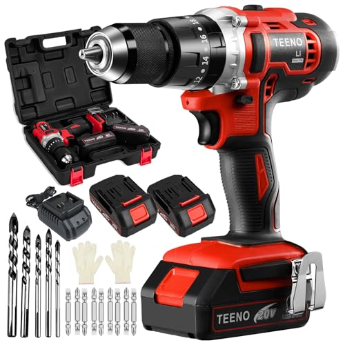 TEENO Cordless Drill Set, Hammer Drill Driver Set 20V 2x2.0Ah Li-Ion Battery, 1/2", with 15 Pieces Bits in Kitbox for Wood Drilling & Screwdriving/Fastening & Metal, Masonry