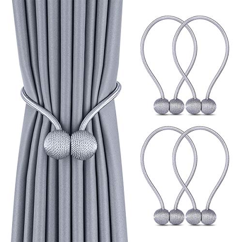 Deluxe Magnetic Curtain Tiebacks with Unique Wooden Balls, 4 Pack Decorative Drapery Holdbacks Rope Holder for Home Kitchen Office Window Sheer Blackout Drapes