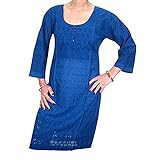 Mogul Women's Indian Tunics Dress Floral Embroidered Black Cotton Kurta S