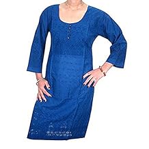 Mogul Women's Indian Tunics Dress Floral Embroidered Black Cotton Kurta S