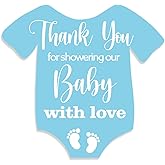 Cute Blue Baby Shower Stickers, Thank You for Showering Our Baby with Love Stickers Labels, Blue Baby Onesie Shaped Shower Sticker for Birthday Party Favor Label Decorations(10 in,80 Labels)