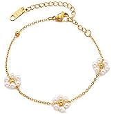 Dainty Gold Pearl Flower Bracelet for Women Gold Plated Daisy Pearl Bead cute bracelets for women Adjustable Floral Jewelry Gift for Women