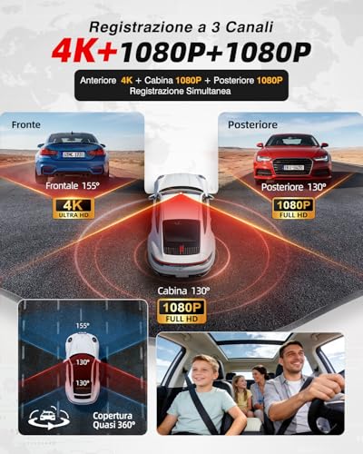 3 Channel Car Dashcam 4K, STARVIS 2 Night Vision and HDR with Front, Rear and Interior Dash Cam, Loop Recording, 24H Surveillance Parking, G-Sensor, WiFi 6, GPS and 64GB SD Card Included