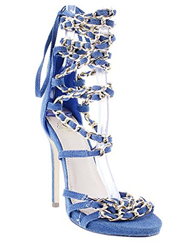 Liliana Fleek Chain Link Leg Wrap Lace Up Dress Sandal, Greek Goddess Gladiators. (8.5, Denim)