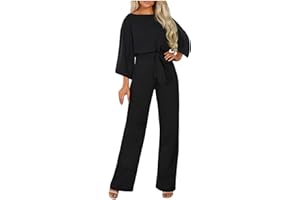 HGps8w Women's Dressy Jumpsuits, Loose Batwing Sleeve Crewneck Formal Rompers Elegant Belted Wide Leg Long Pants Playsuit
