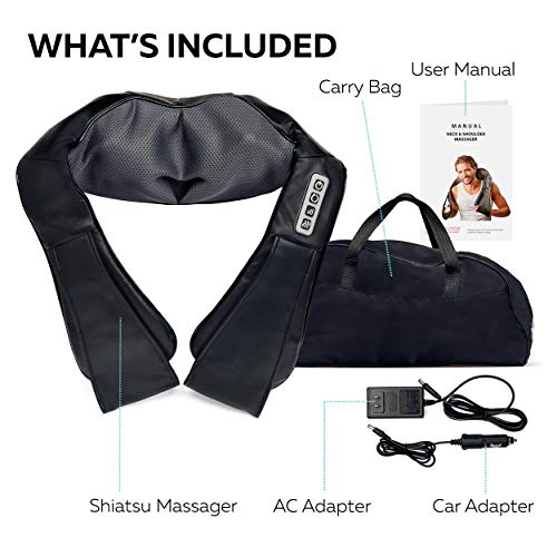 Shiatsu Portable Heated Massager - Deep Neck, Shoulder, Back/Lower Back, Legs & Foot Muscle Tension Relief - Electric Massaging Pad-Pillow w/ 8X 3D Kneading Nodes - for Home, Office Chairs, Car Seats