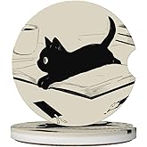 Kawaii Anime Black Cat Car Coasters for Cup Holders,2 Pack Car Cup Holder Coasters for Car,Ceramic Absorbent Car Coaster with A Finger Notch and Cork Base,Car Interior Accessories for Women Men