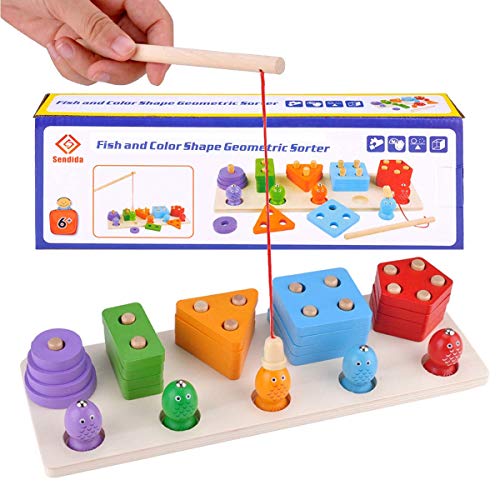 Sendida Montessori Wood Toys Toddlers Puzzles Preschool Educational Kid Toys Sorting Shape Color Blocks Stacking Toys Fishing Game 2 in 1 Learning Toys Gift for 2 3 4 Years