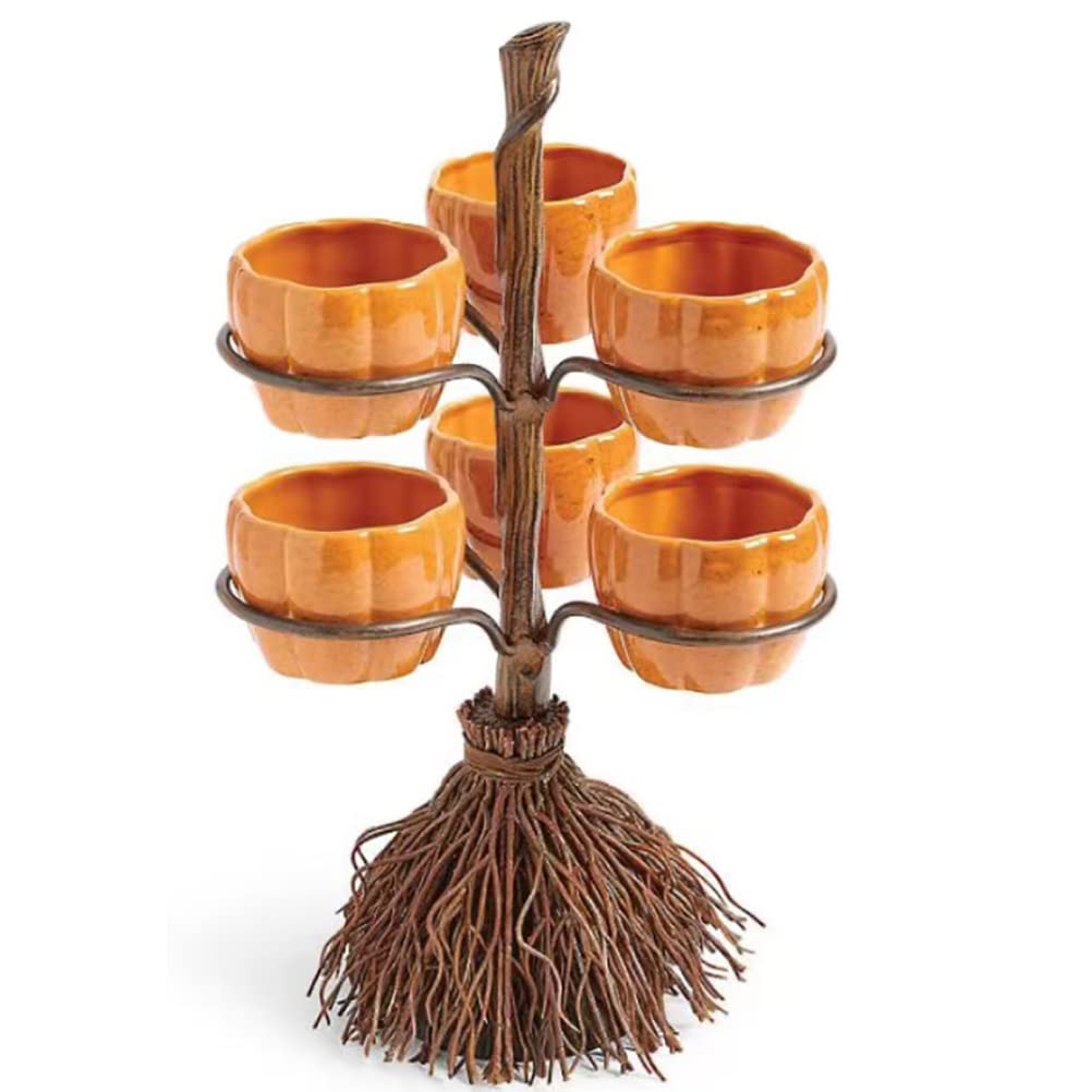 Halloween Pumpkin Snack Bowl Stand, Halloween Creative Broom Handle Pumpkin Snack Basket with 3/6 Bowls Holder Candy Dessert Holder Bowls Serving Snacks, Salads
