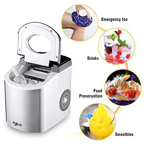 Oylus Stainless Steel Ice Maker Countertop Ice Machine for Home Kitchen Electric Ice Cube Maker - Makes 9 Ice Cubes in 7 Minutes - 26lbs Daily Perfect for Water Bottles, Mixed Drinks