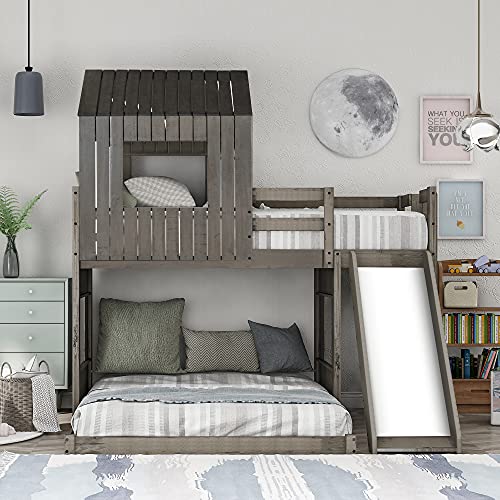 KLMM Bunk Bed for Kids Toddlers, Twin Over Full Bunk Beds with Slide