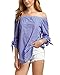 Style Dome Womens Off The Shoulder Stripe Tops Summer Casual Sexy Slit 3/4 Sleeve Tie Cuff Blouses Dark Blue 2XL