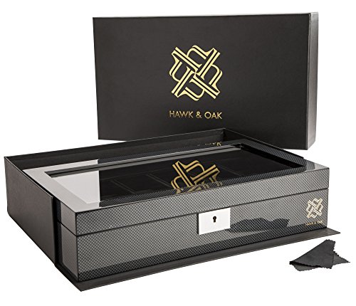 Hawk & Oak Elegant,12 Slot Watch Box Organizer with Lock | Premium Watch Display Case & Jewelry Case | Storage Cases for Watches | Spacious, Glass Lid | Carbon Fiber Design Wooden Watch Holder