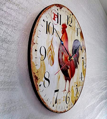 10 Inch Vintage Farmhouse Kitchen Wall Clocks Battery Operated Rooster Analog Clock for Dinning Living Room Decor,Thicken Wood Board,Non-Ticking