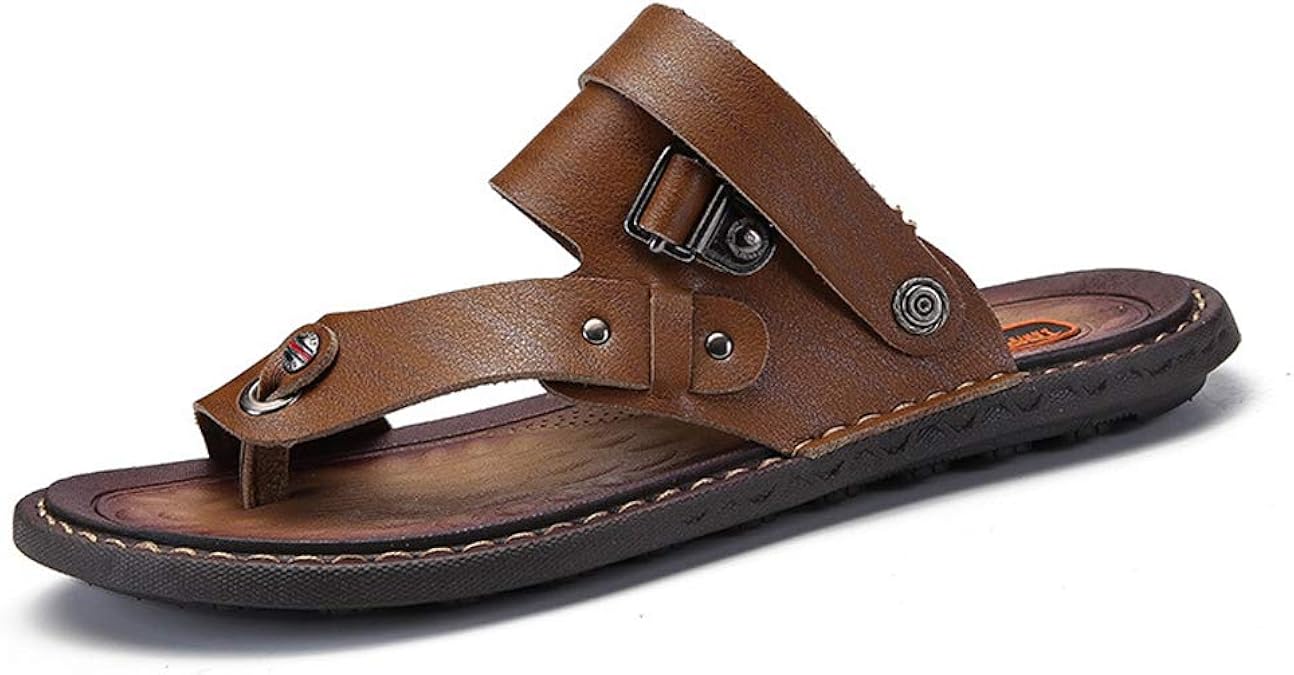 Amazon.com | Baviue Mens Leather Hiking Flip Flops Thong Sandles Sandals Khaki 9.5 | Sandals