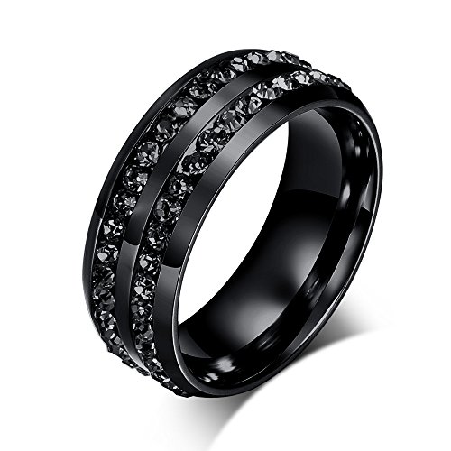 Voberry Men Women Titanium Steel Ring Rhinestone Anniversary Wedding Bands, 8mm, Size 6 to 13 (12, Black 2)