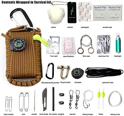 Micogo 29pcs Paracord Emergency Survival Kit,First Aid Kit &amp; Emergency Fishing Gear Whistle Fire Starter Set &amp; more (Brown)