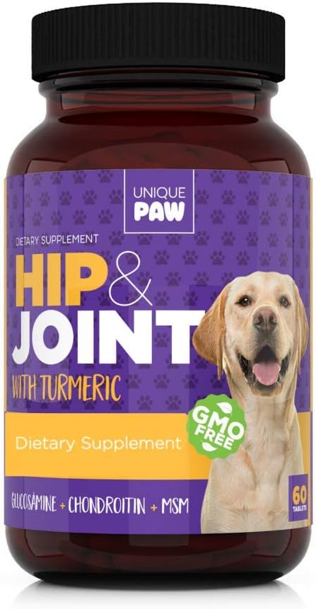 Unique Paw Hip & Joint Supplement for Dogs - Pain Relief and Anti-Inflammatory | Glucosamine Chondroitin for Dogs with Turmeric, Chondroitin, MSM, Hyaluronic Acid | Young and Seniors