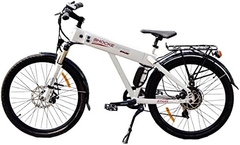 SHOCKE BIKES Spark Electric Hybrid Bicycle, All Terrain Electric Bike, High End Components including Rear Light with Turning Signals and Laser ++GIFT (White)