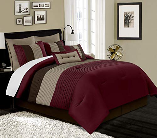 Chezmoi Collection Loft 8-Piece Luxury Striped Comforter Set (California King, Burgundy/Coffee/Brown)