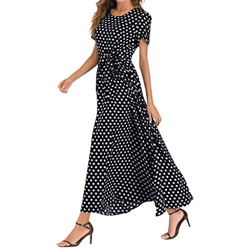Kawaiine Women O-Neck Polka Dots Short Sleeve Beach Polka Dot Bandage Long Maxi Dress Black