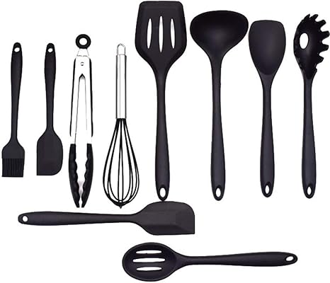 Amazon Jxfキッチンツール クッキング用品 シリコン製 耐熱 調理ツール 収納簡単 安全 10点セット調理 料理 製菓器具 フライ返し おたま トング ヘラ トング 泡立て器 ブラシ スパチュラ パスタサーバー レードル ターナー スプーン 黒 へら スパチュラ オンライン通販