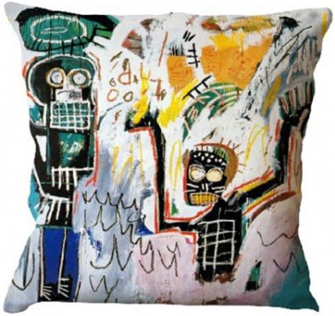HANDMADE EXPORTS Artwork by Jean-Michel Basquiat Printed Throw Pillow Cover Square Cushion Covers Pillow Cases Cotton Linen Decorative 16" x16 (Cushion Cover With Insert)