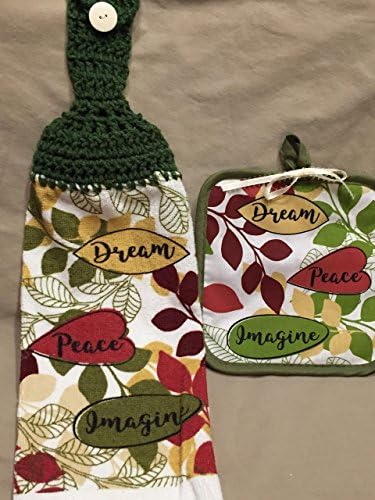 Free ship to USA - 1 CROCHET KITCHEN hand TOWEL MEDIUM weight terry cloth and Coordinating hot pad - Dream Peace Imagine - Med Sage Green 100% acrylic yarn crochet top