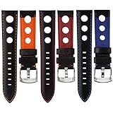 Geckota Genuine Italian Leather Rally Sport Watch Band, Black with Contrasting Stitching