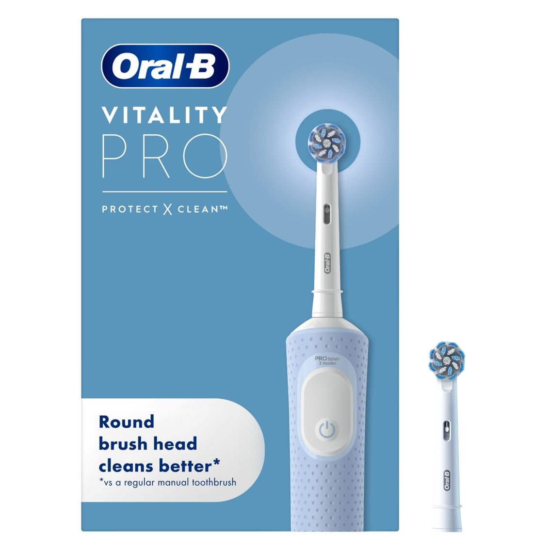 Oral-B Vitality Pro Electric Toothbrushes Adults, Oral B Electric Toothbrush, 1 Handle, 2 Toothbrush Heads, 3 Brushing Modes Including Sensitive Plus, Rechargeable Toothbrush, 2 Pin UK Plug, Blue