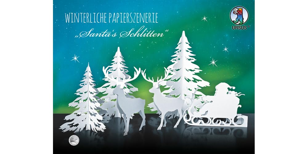 Ursus 17200002 Winter Paper Scene Santa's 4 Sheets Bristol Cardboard 400 g/m² Approx. 24.8 x 32.5 cm, lasered, grooved, material for 3 trees, 2 reindeer and sleigh with instructions, white