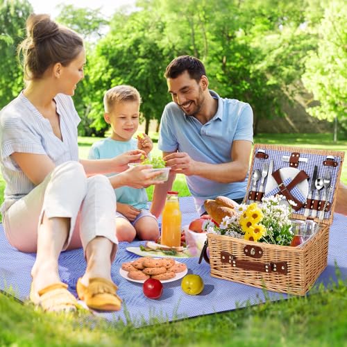 Wicker Picnic Basket for 4 People, Hand Braided Basket with Integrated Insulation and Waterproof Blanket - Complete Set with 4 Cutlery, Plates, Glasses for Camping Beach Garden