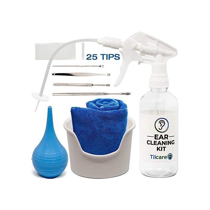 Ear Wax Removal Tool by Tilcare - Ear Irrigation Flushing System for Adults & Kids - Perfect Ear Cleaning Kit - Includes Basin, Syringe, Curette Kit (Spoon and Spiral), Towel and 25 Disposable Tips