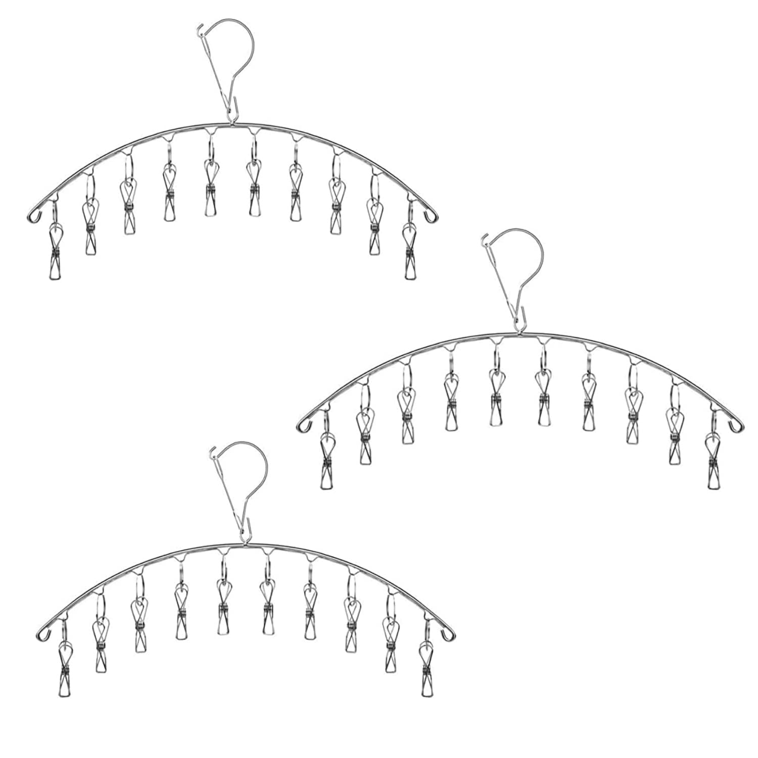 DDSHUN 3 Pack Sock Hanger Drying Rack with 10 Pegs Stainless Steel Laundry Dryer Rack Windproof Clothes Washing Line for Baby Clothes, Underwear, Gloves, Bras