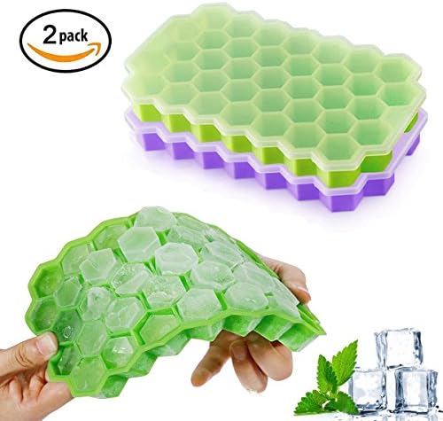 Ice Cube Trays,Tatufy 2 Pack Easy-Release Silicone and Flexible 74 Ice Trays with Spill-Resistant Removable Lid, BPA Free Stackable Mini Cocktail Whiskey Ice Cube Mold Storage Containers（Green/Purple）