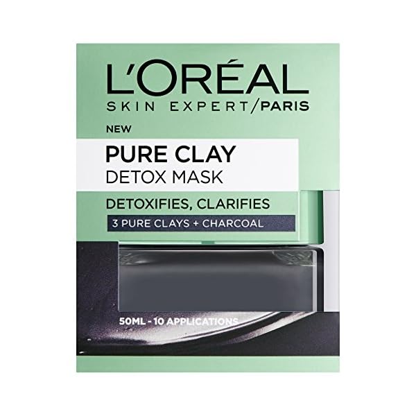 L'Oreal Paris Pure Clay Black Charcoal Detox Face Mask, Deep Cleansing Skin Care for All Skin Types 50 ml