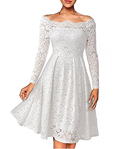 MAGICMK Women's Vintage Floral Lace Long Sleeve Boad Neck Swing Dress Party Cocktail Wedding Dress (XS, White)