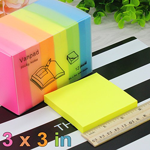 Vanpad Bright Colors Sticky Notes, Assorted Stickies of 3 in x 3 in, 12 Pads/Pack, 100 Sheets/Pad