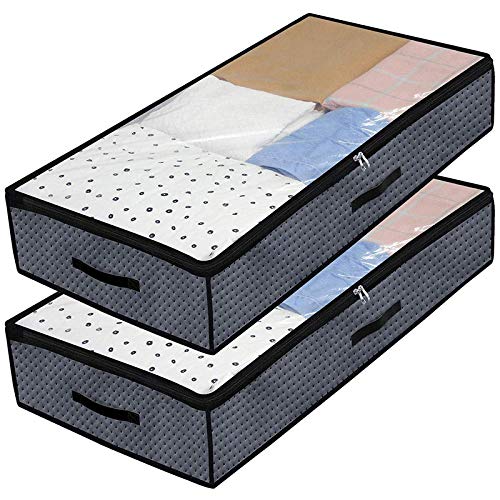 YYCFB 2 PCS Underbed Storage Bags with Metal Zips,Under Bed Storage Organiser Boxes with Clear Window Bags for Clothes Bedding Comforter Quilt Blankets, 100X 50X 18cm（Dark Grey）