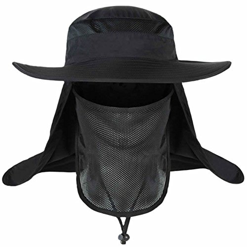 Unisex Fishing Hat Sun Hat Mesh Bucket Hat UPF 50+ Protection Detachable Cap Neck Face Flap Hat (Black)