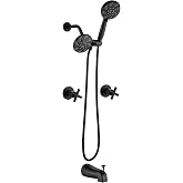 gotonovo 2 Handle Tub Shower Faucet Set Dual Head System Matte Black | Two Cross Handle/Knob Bathtub Faucet Set,6 Mode ABS Head with Handheld Spray System,5.24&rsquo;&rsquo; Tub Spout,Brass Valve Trim Kit