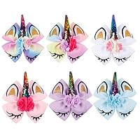 6 Colors Sequins Unicorn Horn Hair Bows With Clips Flower Eyelashes Bows For Kids Girls Birthday Party Favor School Sport Cheerleader Bows